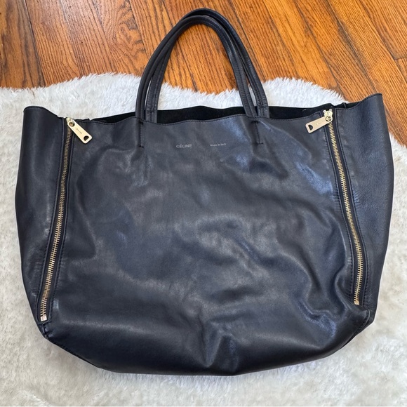 Celine Horizontal Zipper Gusset Cabas Black Lambskin Leather Totes Handbag - Picture 5 of 14